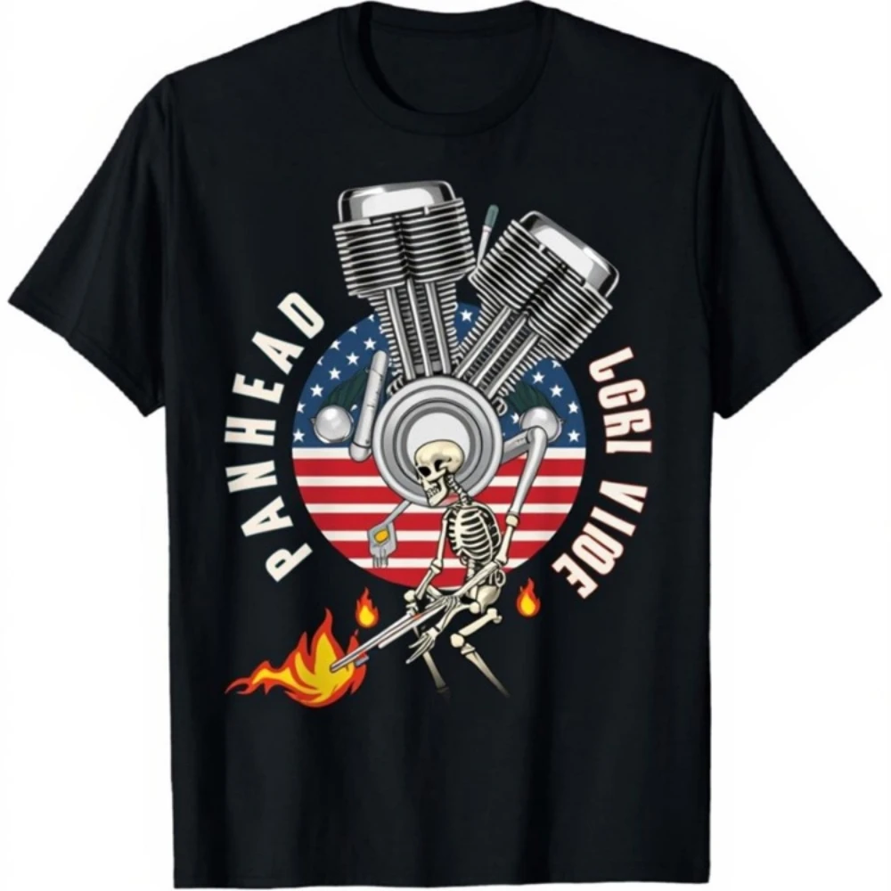 تي شيرت محرك الدراجة النارية ذو العلم الأمريكي - تصميم الجمجمة واللهب، محرك دراجة نارية عالي التحمل 1000-1500cc - تي شيرت مطبوع من القطن بنسبة 100%.