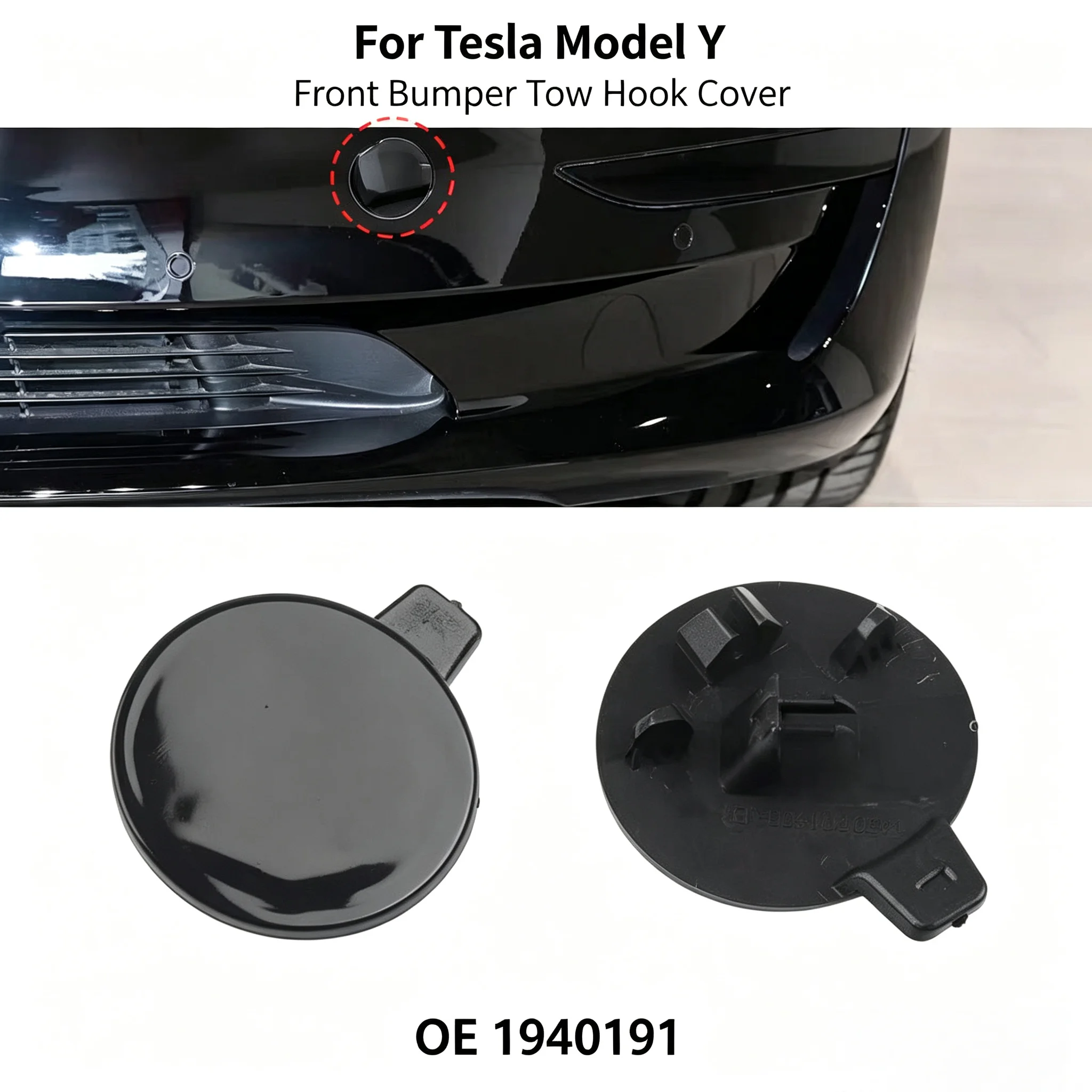 For Tesla Model Y Front Bumper Tow Hook Cover, OE 1940191, High Quality Black Plastic Replacement Trailer Hauling Eye Cap