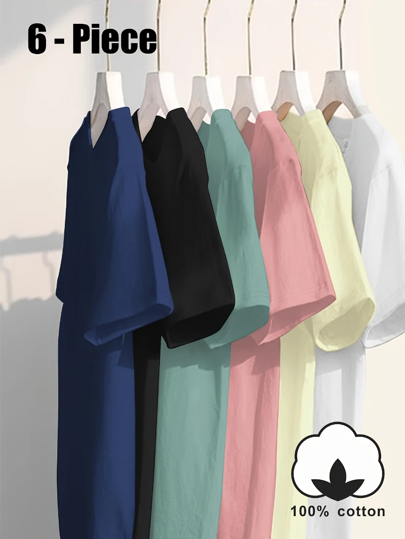 

Женский комплект футболок больших размеров из 100% хлопка. Удобные повседневные футболки, цвета включает темно-синий, белый, черный, бежевый.