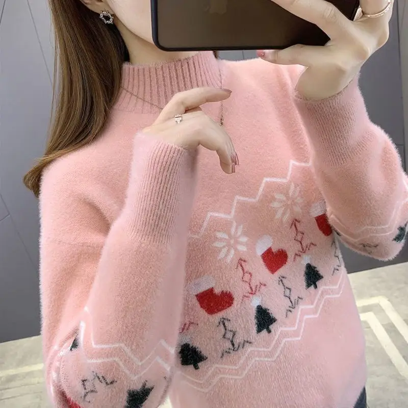 

Sweater Women Pullover Imitation Mink Fleece Short Loose Western Autumn/Winter Christmas Tree New Knitted Underlay Sweater Women