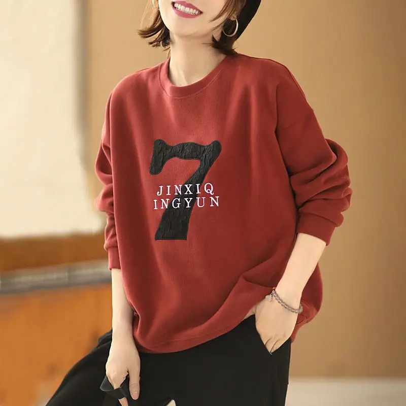 Autumn Women Trendy Digital Letter Print Casual Streetwear Oversize Sweatshirts Y2K Simple Chic O Neck Long Sleeve Pullover Tops