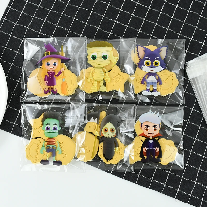 100PCS/Set Self Sealing Halloween Candy Packaging Bags Trick Or Treat Pumpkin Bat Cat Cookies Bag Kid Halloween Party Gift Decor