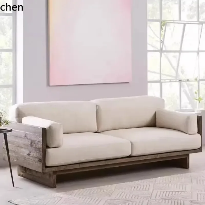 SA-10  Vintage Solid Wood Sofa Set In Wabi-Sabi Style For B&Bs And Hotels, Fabric Sofa With Natural Wood Frame
