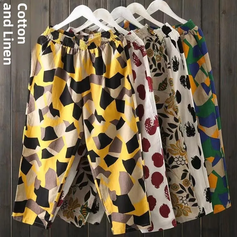 Pantalones Harlan artísticos de lino y algodón sueltos para mujer, pantalones Harlan con estampado versátil de nueve puntos, pantalones étnicos Sle de cintura alta, corte holgado
