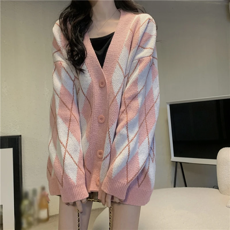 Women Sweater Pre-Fall New Vintage V-Neck Lingge Loose Casual Slouchy Knit Cardigan Coat