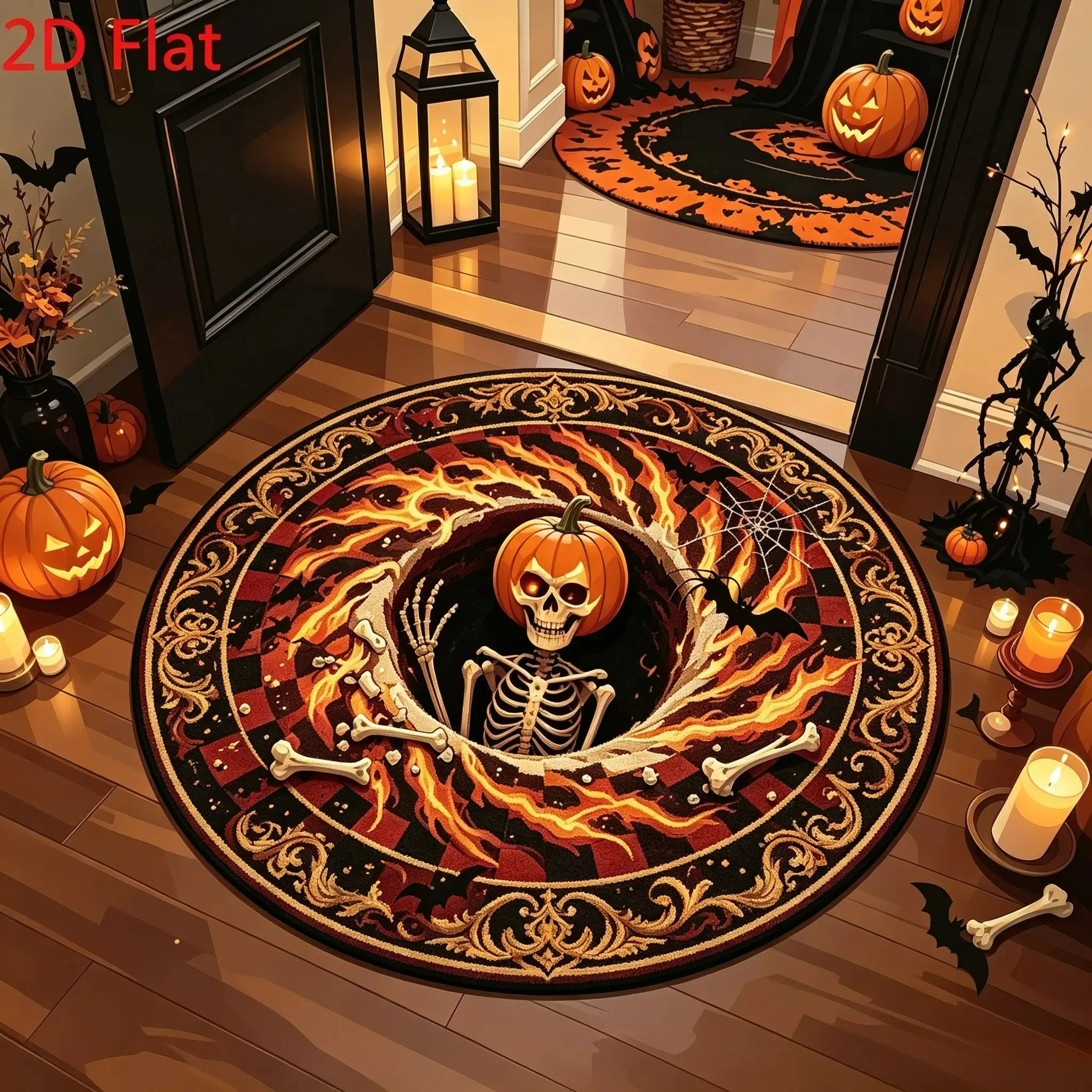 3D Optical Illusion Round Rug Flat Thin Halloween Carpet Skeleton Pumpkin Burning Fire Pattern Area Rug Holiday Party Decor