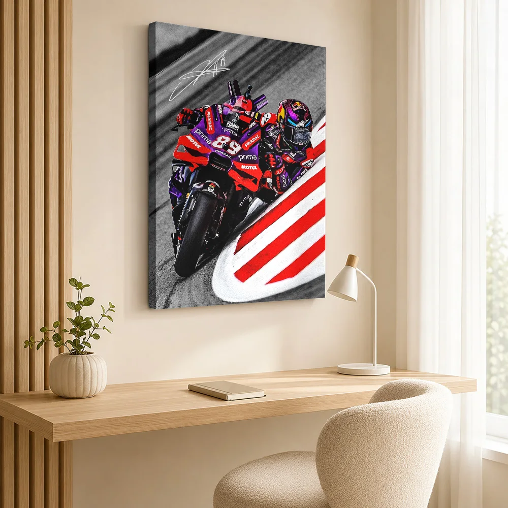 Jorge Martin Racing On Track Framed Canvas Print Poster Bold Style Wall Art With Personalized Photo For Garage Ideal Rider Gift