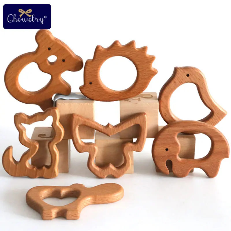 Baby Wooden Teether Teething Toy Animal Elephant Shap Wood Ring Non-Toxic Natural Wood Teether Bracelet Pendant Nursing Gift