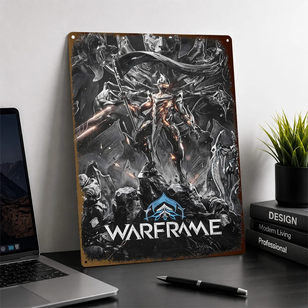Warframe Battle Ensemble Textured Poster Personalized Aluminum Metal Sign Cosmic Mission Style Wall Art Enhances Collector Den