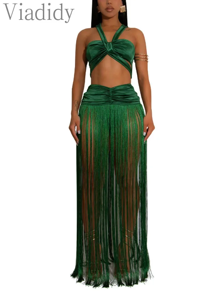 

Women's Sexy Solid Color Sleeveless Tank Top and High Waist Tassels Decor Skirt 2pcs Set
