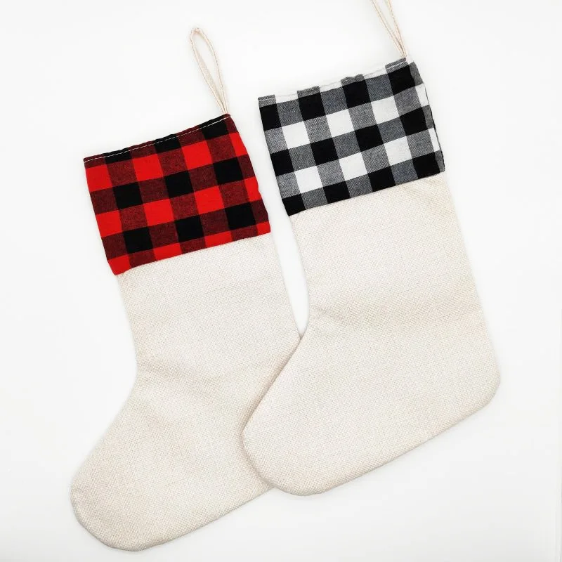 Blank Sublimation Linen Chirstmas Stocking With Checkered For Sublimation INK Print DIY Gifts Double-sided DIY Printing