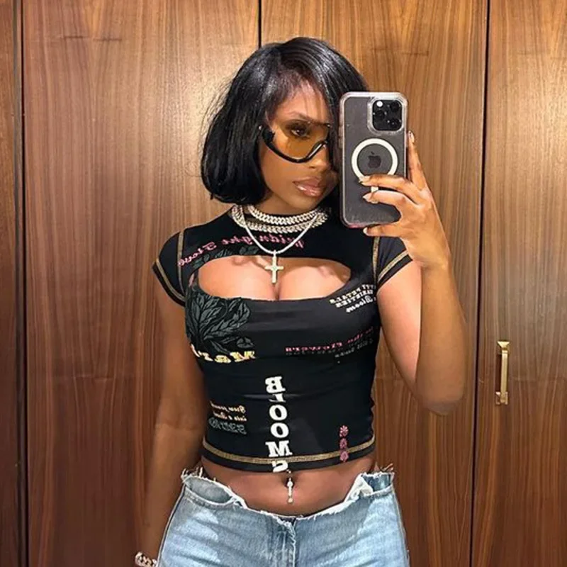 Aushöhlen Crop Top Frauen Sommer Ästhetische Kleidung Druck Y2k Zubehör Oansatz Ropa De Mujer Sexy Roupas Femininas Estilosas – Detail 5