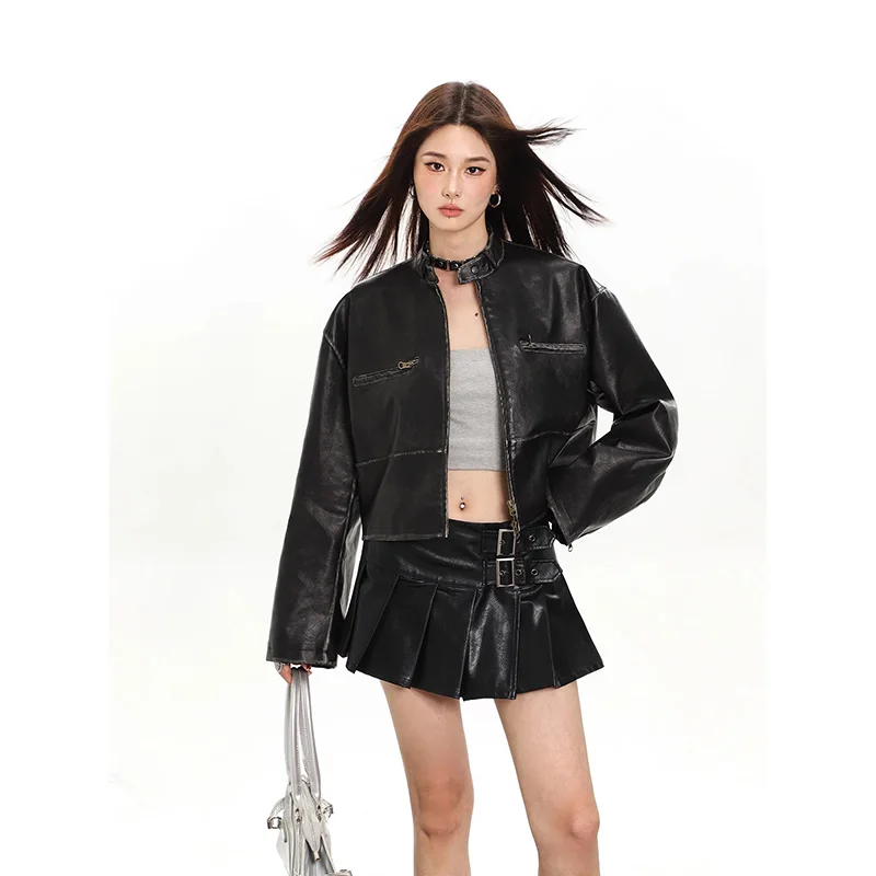 

Artificial Leather Jacket Women 2023 Vintage Stand Collar Front Zipper Short Coat Ladies Long Sleeve New Outerwear