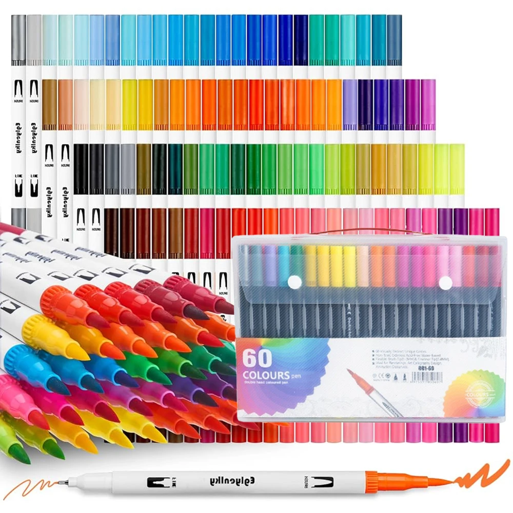 Kit de Canetas de Ponta Dupla para Lettering e Desenho Fino, 60 a 120 Cores, para Colorir, Desenho e Arte, Presente Completo para Artistas