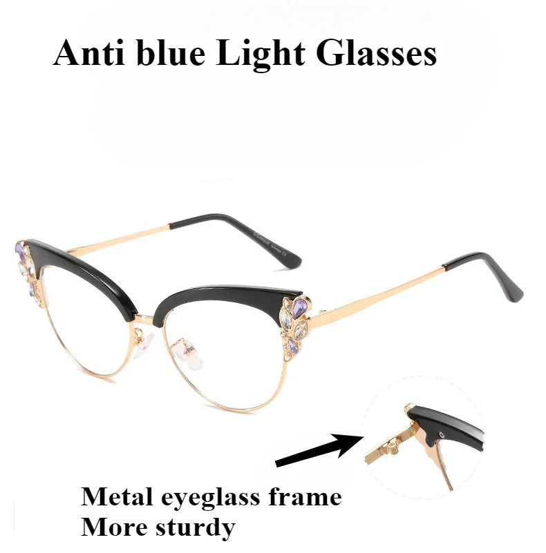 Anti-Blaulicht-Brille mit Diamanteinlage auf der Seite, nicht verschreibungspflichtige Brille für die tägliche Dekoration, Computerbrille