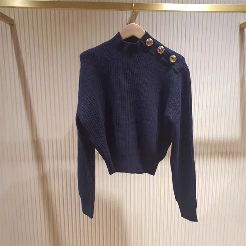 【Cadeau gratuit】 Pull à col haut pour femme, tricot ajusté avec boutons dorés, détail d'épaulette, automne-hiver 2025