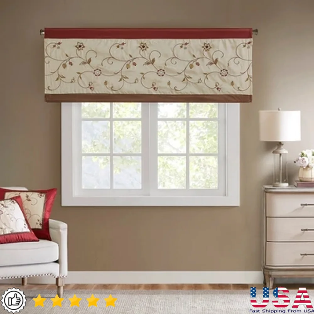 

Embroidered Window Valance Floral Pleated Curtain Treatment Rod Pocket 50x18 Inch Home Decor Light Filtering Polyester