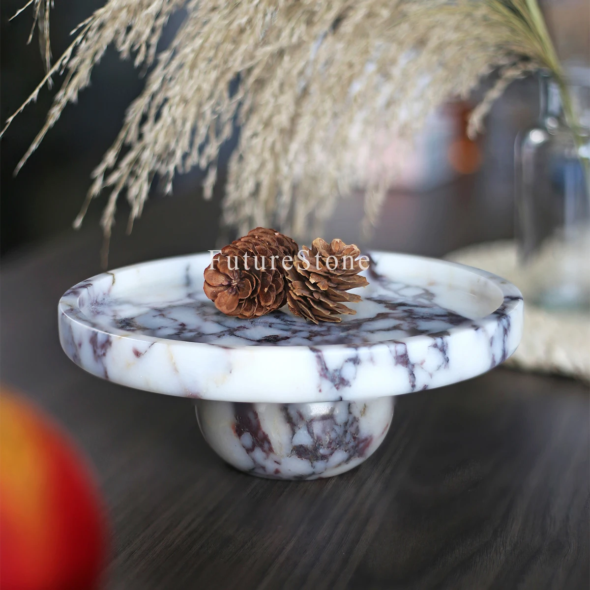 Natural Marble Bulgari Purple Round Shape Tall Foot Tray Light luxury Advanced Decoration Fruit Snacks Aromatherapy Storage Tray