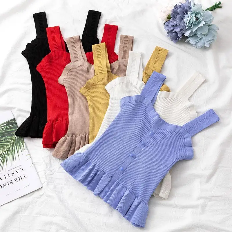 

Knitted Sleeveless Suspenders With Flounces Inside Women Cropped T-Shirt New Stripe Sexy Summer OFF Ruffles Sleeveless Tops