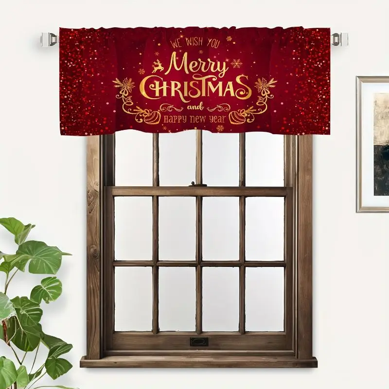 VIKAMA Red Glitter Gold Holiday Greetings Happy New Year Christmas Short Window Curtain Elegant Sparkle Festive Home Decor Soft