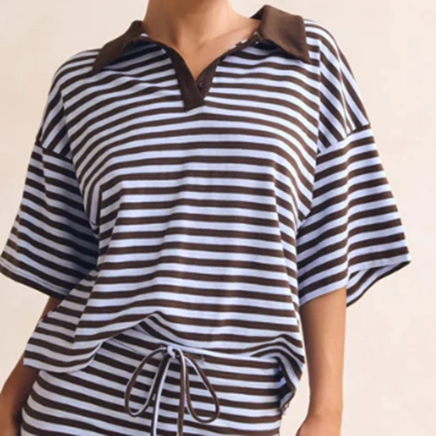 여성용 초콜릿 브라운 칼라 옐로우 스트라이프 반팔 셔츠 캐주얼 경량 티셔츠 스타일리시 버튼 다운 셔츠