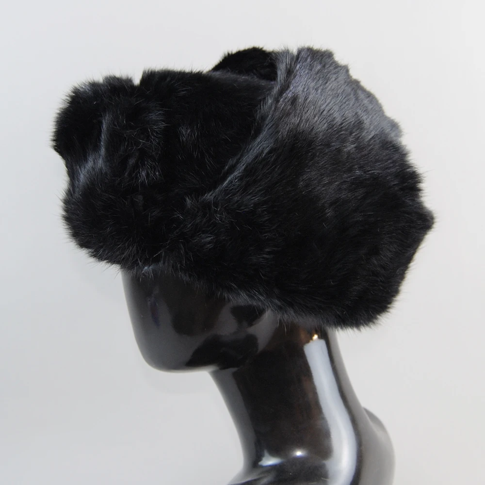 Rabbit Fur Cap Man Winter Genuine 100% Fur Bomber Hat Windproof Warm Earmuffs Male Flat Grey/Black Russian Hat Fitted Casquette