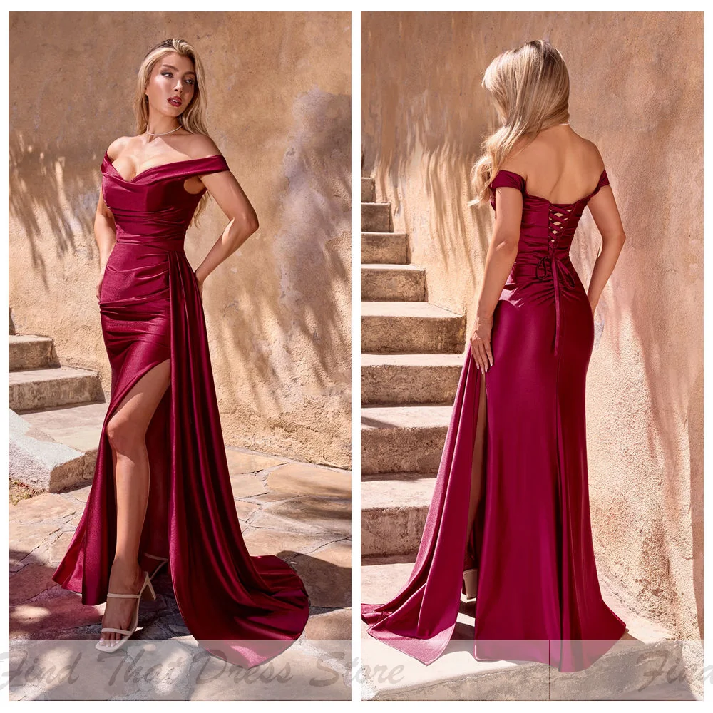 Custom Made Bridal Off Shoulder Pleated Sheath Side Split Lace up Back Evening Gown Floor Length Train Party Dress for Wedding