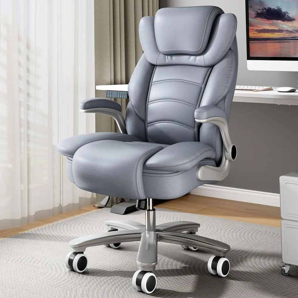 

Ergonomic High-Back Leather Office Chair with Wide Seat, 400lb Capacity, Gray/Blue