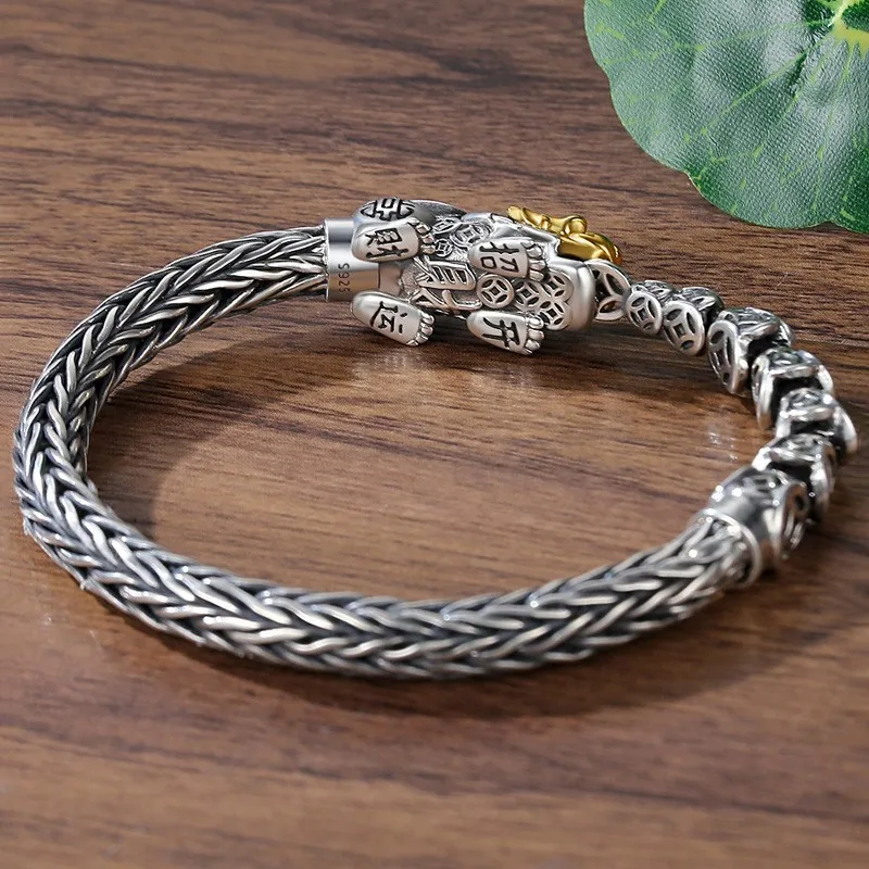 Silver 925 exquisite Pixiu copper coin bracelet men's retro ethnic style keel chains bangles banquet domineering jewelry gift