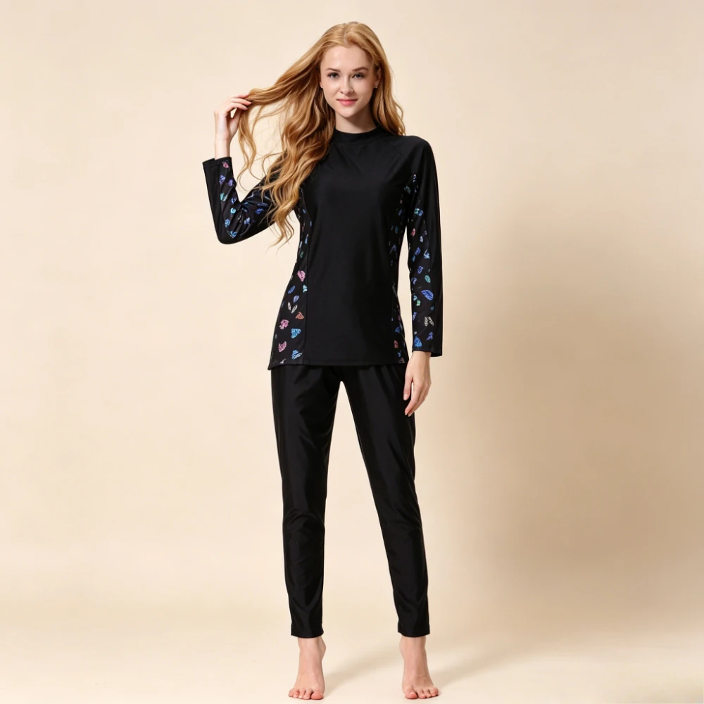 New Women 3PCS Print Burkini Swimwear Long Sleeve Tunic Top Full Length Pants with Cap UPF50+ Muslim Bathing Suit Beach Swimwear