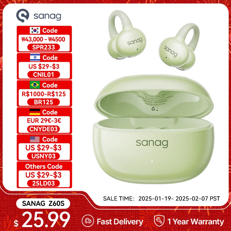 Sanag Z60S Ear Clip Earphones HiFi Sound Open Ear Earbud Bluetooth 5.4 Wireless Bluetooth Headphones IPX4 Running Headset