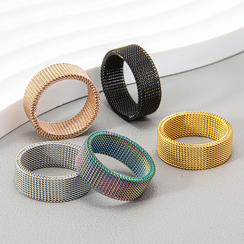 

New Fashion Titanium Steel 8MM Grid Mesh Ring Woman For Men High Quality Simple Multi-color Jewelry Party Gifts