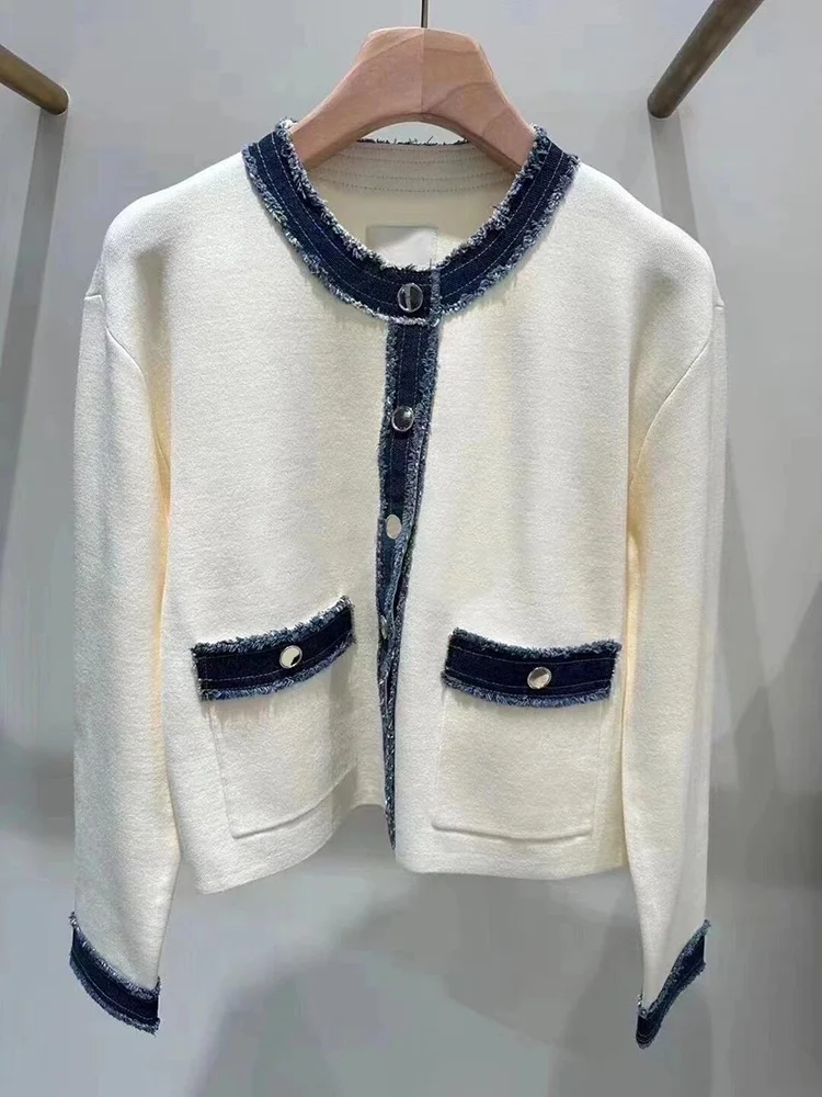 

SIVOS High-End Women's Winter Denim Fringe Knitted Cardigan Ele Commute Sle Regular Fit Long Sve ort Length Button...