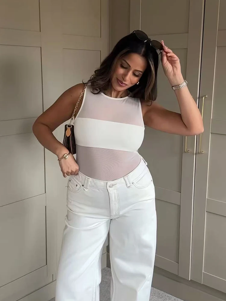 2026 Summer See Through Bodysuit For Women Sexy Mesh Patchwork Sleeveless Round Collar Slim Fit Female Leisure Street Clubwear