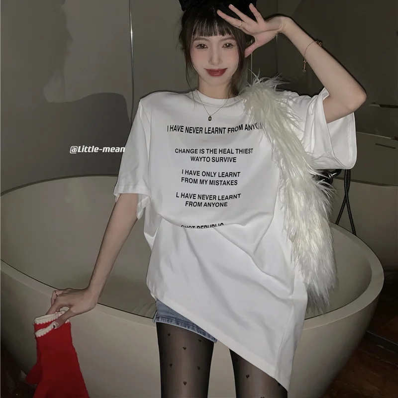 Korean Mid Length Version Women's Clothing Summer Loose Short Sleeve Tops Ladies Casual Pullovers Letter T-Shirts Fashion 2024