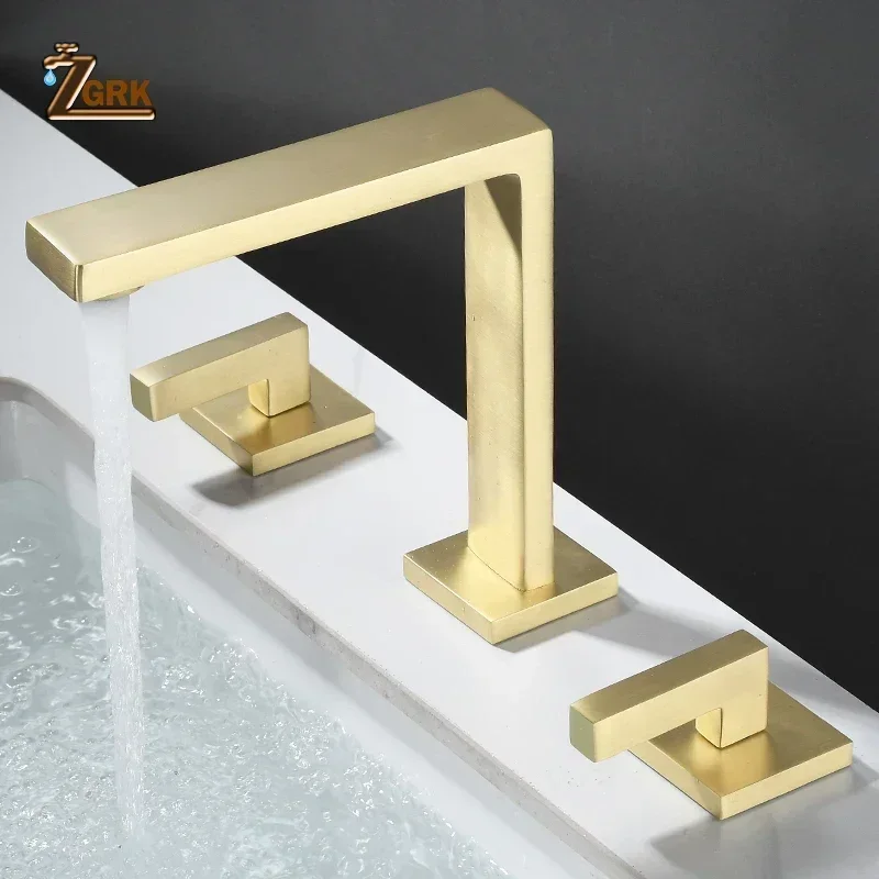 

Brushed Gold Basin Faucet Solid Brass Three Hole Gun Grey Bathroom Faucet Cold and Hot Water Black Mixer Tap 3 Pieces