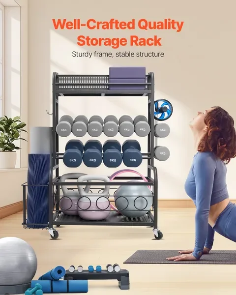Yoga Mat Storage Rack with Hooks & Wheels, Steel Holder for Dumbbells, Kettlebells, Foam Roller, Yoga Strap – Powder Coated