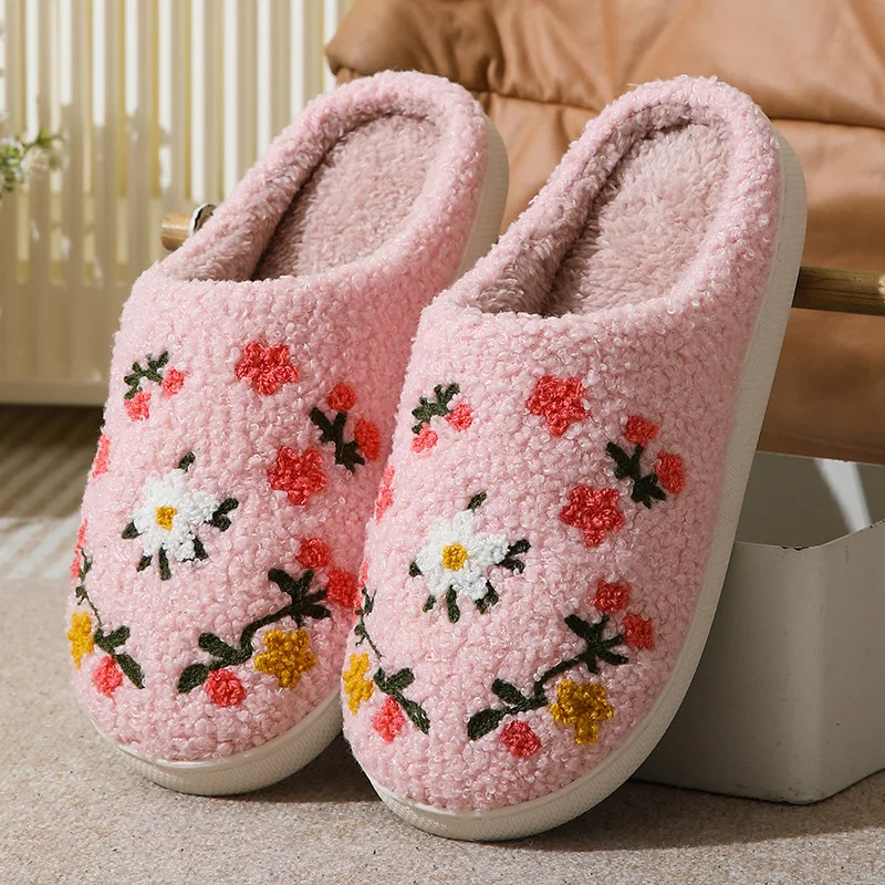 Cute Flowers Cotton Slippers Women Indoor Bedroom Soft Sole Non-slip Slides Females Fluffy Plush Warm Winter Slippers for Home