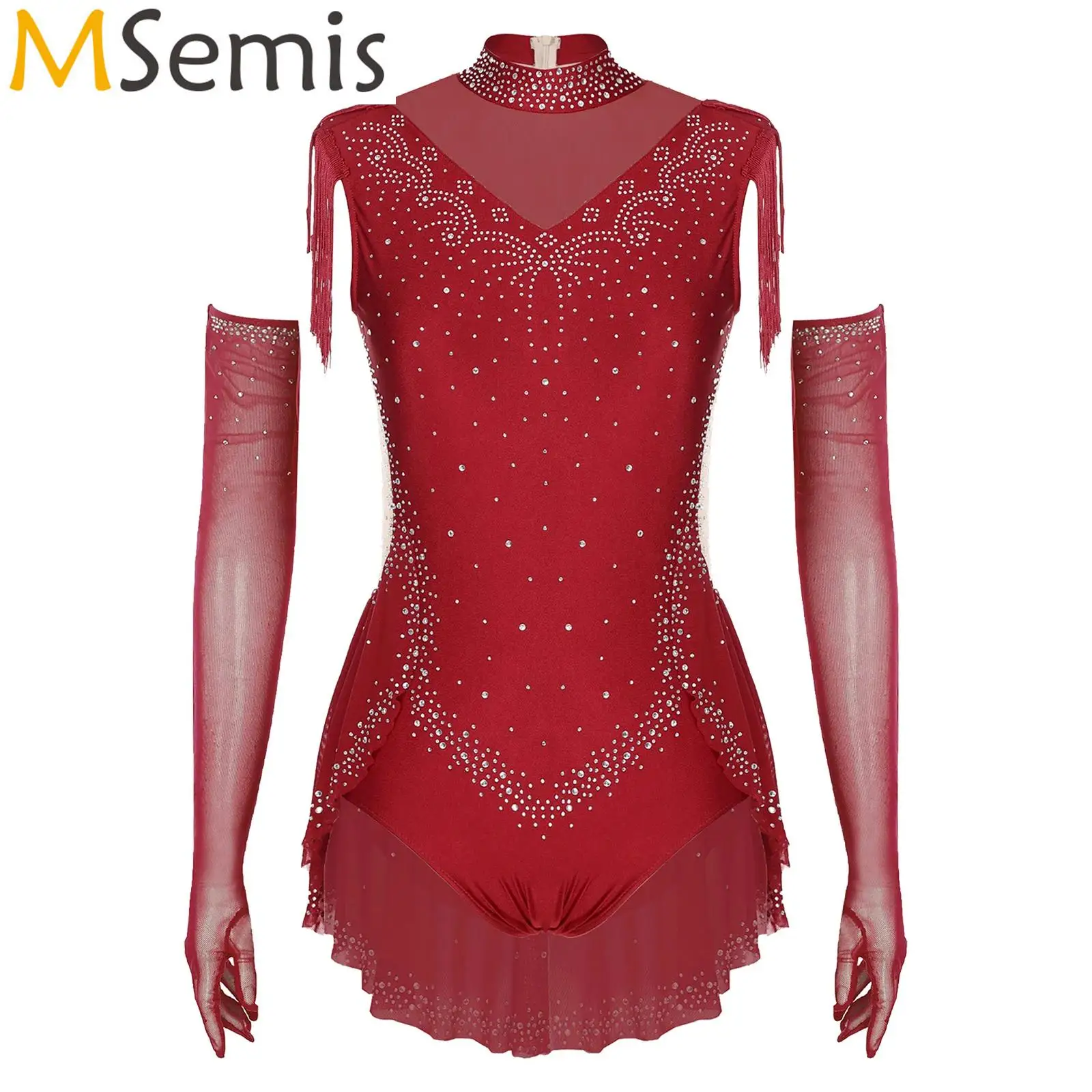 

Women Sparkling Rhinestones Latin Tango Dance Leotard Costume Sheer Mesh Patchwork Tassel Skirted Bodysuit with 1 Pair Gloves