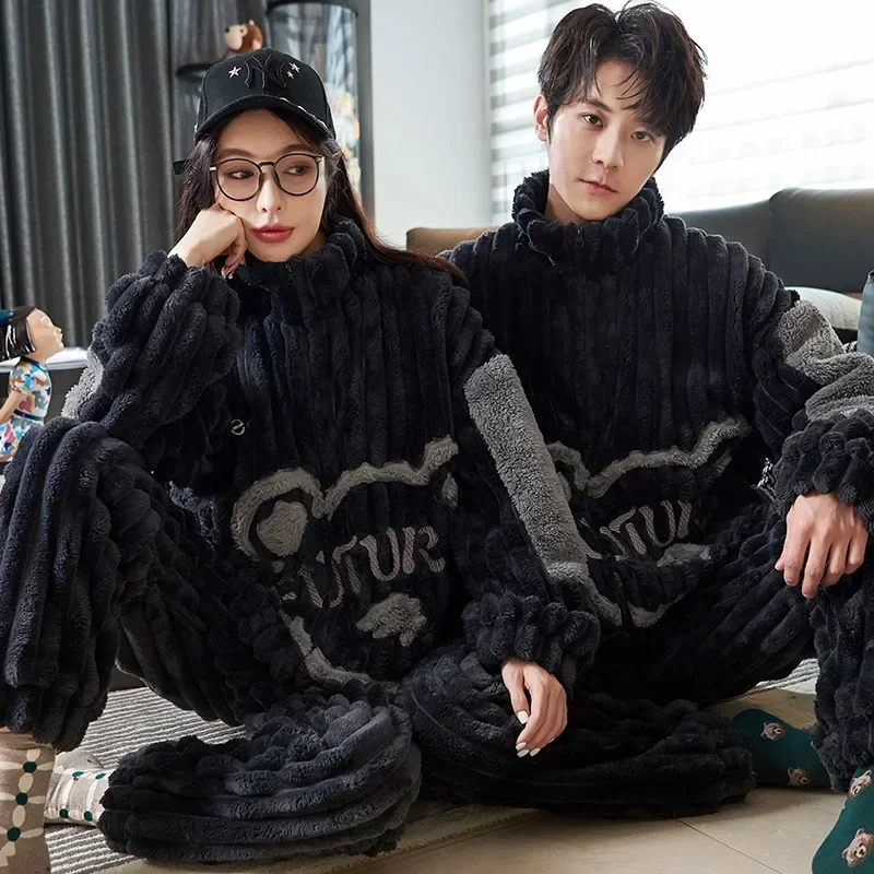 Coral Velvet Couple Pajamas Women's Winter Man's Korean Style Thickened Flannel Zipper Homewear Suit Bedroom Fashion