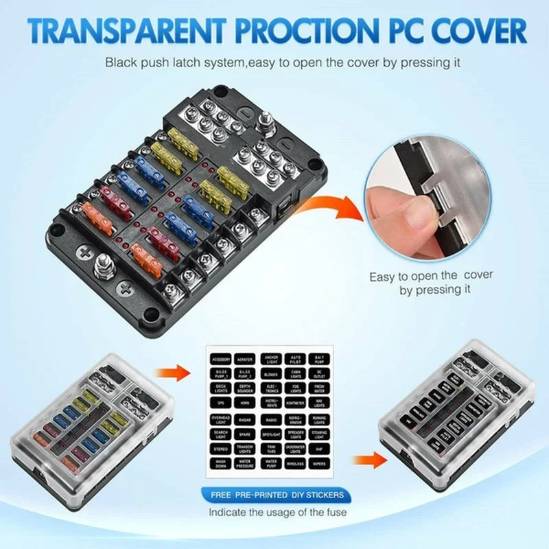 Car Boat Fuse Box Holder With 6 Way 12 Way Blade Fuse Holder Block & Warning Indicator 12V~32V Power Distribution Panel Board