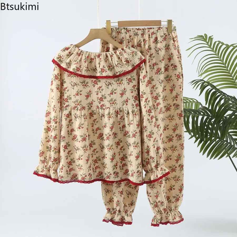 Women's Spring Double Layer Gauze Thin Sleepwear Pure Cotton Crepe Fabric Retro Doll Collar Home Clothes Long Sleeved Pants Set