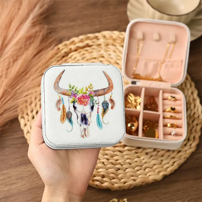 1pc Bull skull with flowers and feathers Portable Jewelry Storage Box, Simple Jewelry Organizer Box,Gifts Box For Women