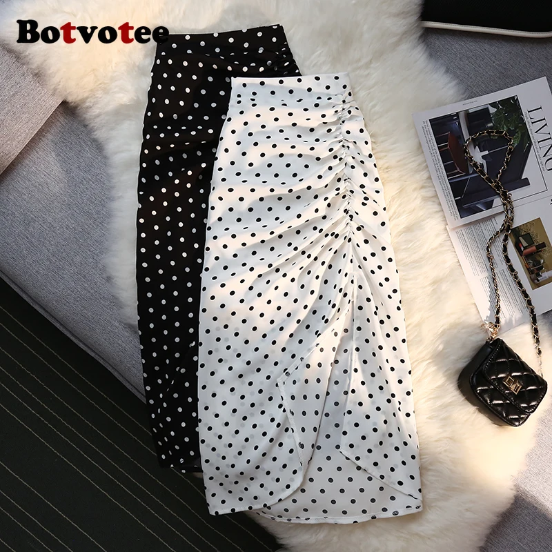 Botvotee Sexy Vintage Pokal Dot Print Trumpet Midi Skirt for Women Back Elastic Band Side Split Ruffles Long Black Skirt