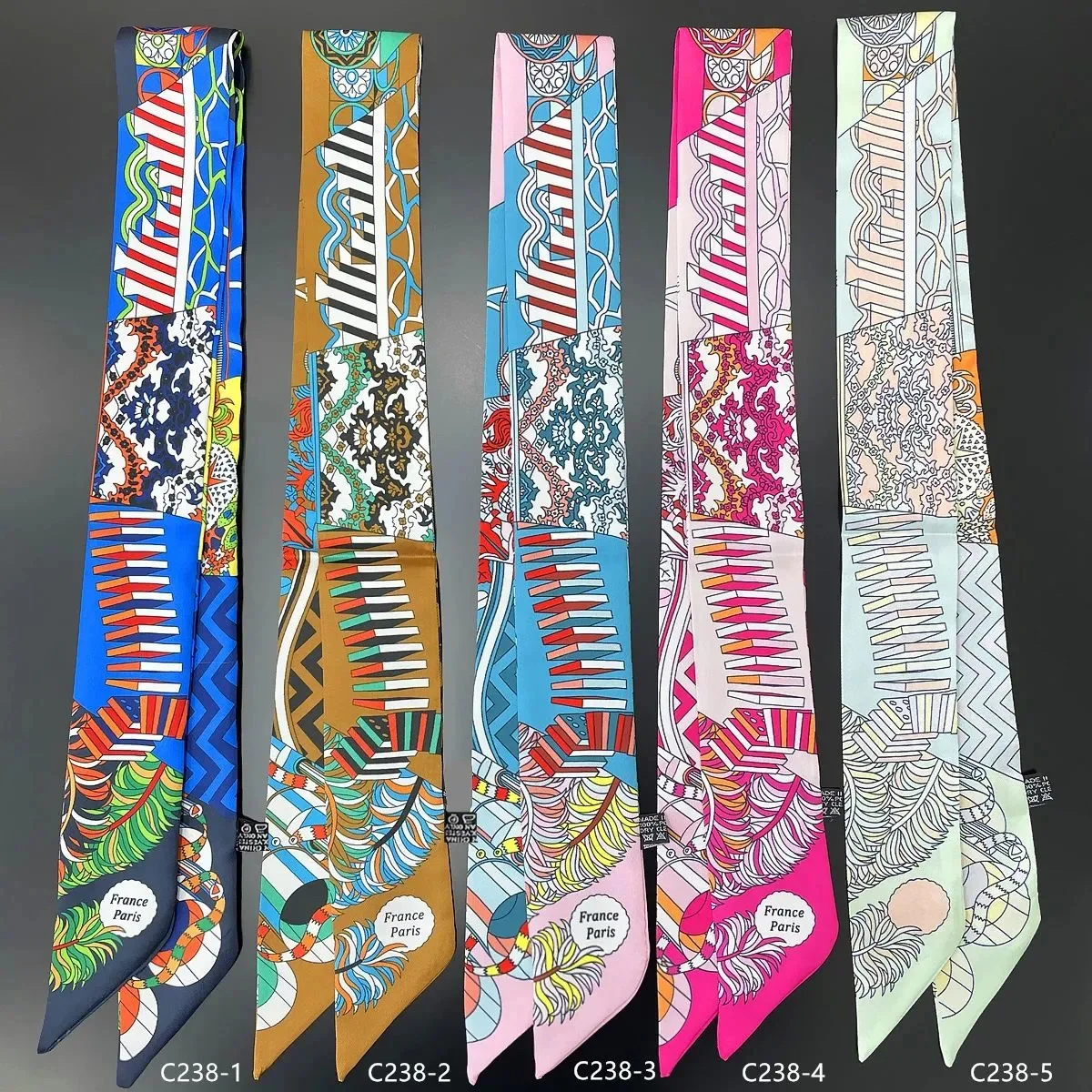 

Versatile New Geometric Pattern Women's Twill Streamer Silk Scarf Tied Bag Handle Ribbon Headband Small Scarf Wholesale