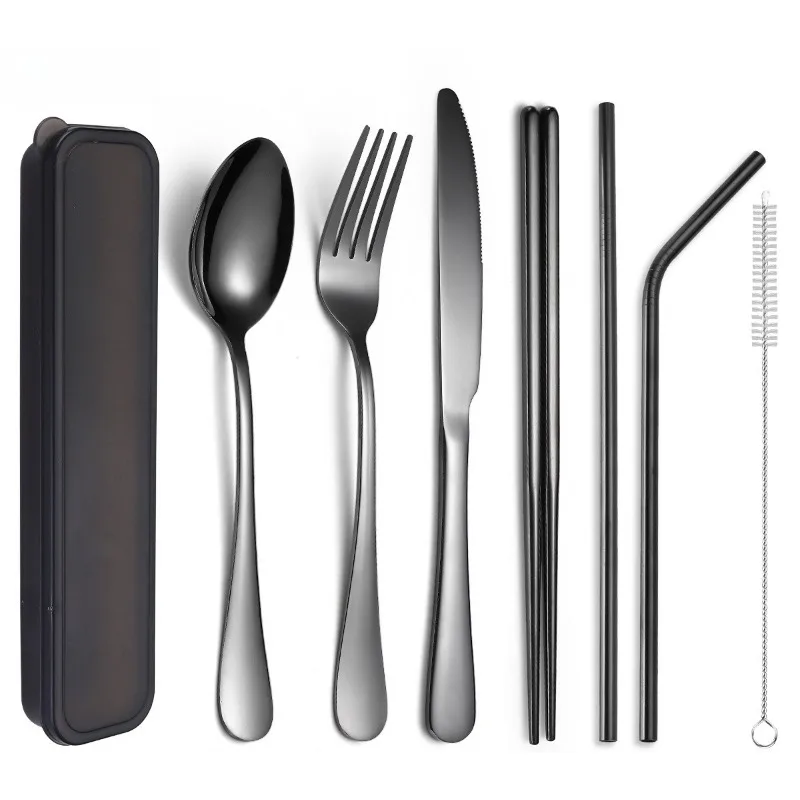 

Tableware Reusable Travel Cutlery Set Camp Utensils Set with Stainless Steel Spoon Fork Chopsticks Straw Portable Case