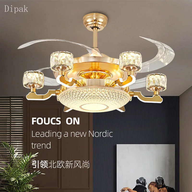 

High end new LED invisible fan K9 crystal light living room headlights bedroom dining room intelligent variable frequency fan