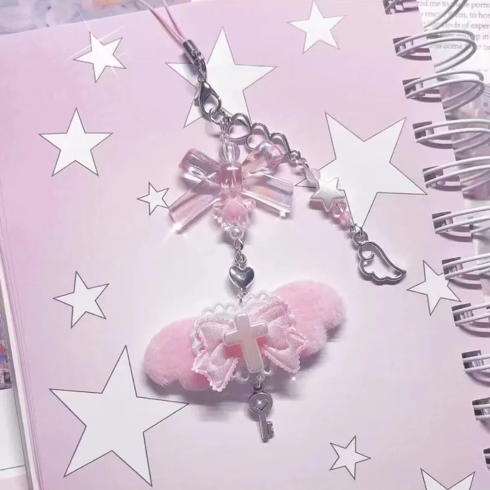 Cute Pink Blue Pendant Chain Bow Small Wings Mobile Phone Chain Card Book Account Book Bag Hanging Keychain Sweet Girls Gift