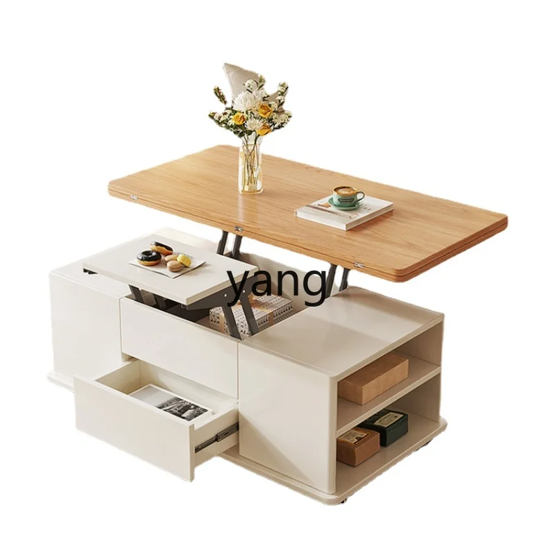 Yjq Multi-Functional Coffee Table Wood Color Small Apartment Dining Table Lifting and Foldable Retractable