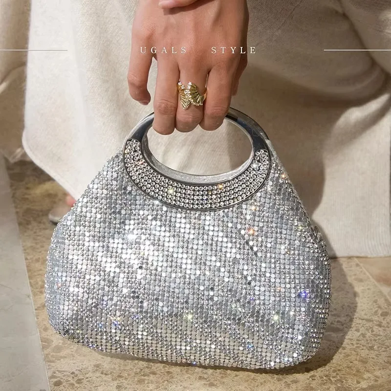 New dinner bag high-end sequined rhinestone metal ring dumpling bag banquet messenger bag